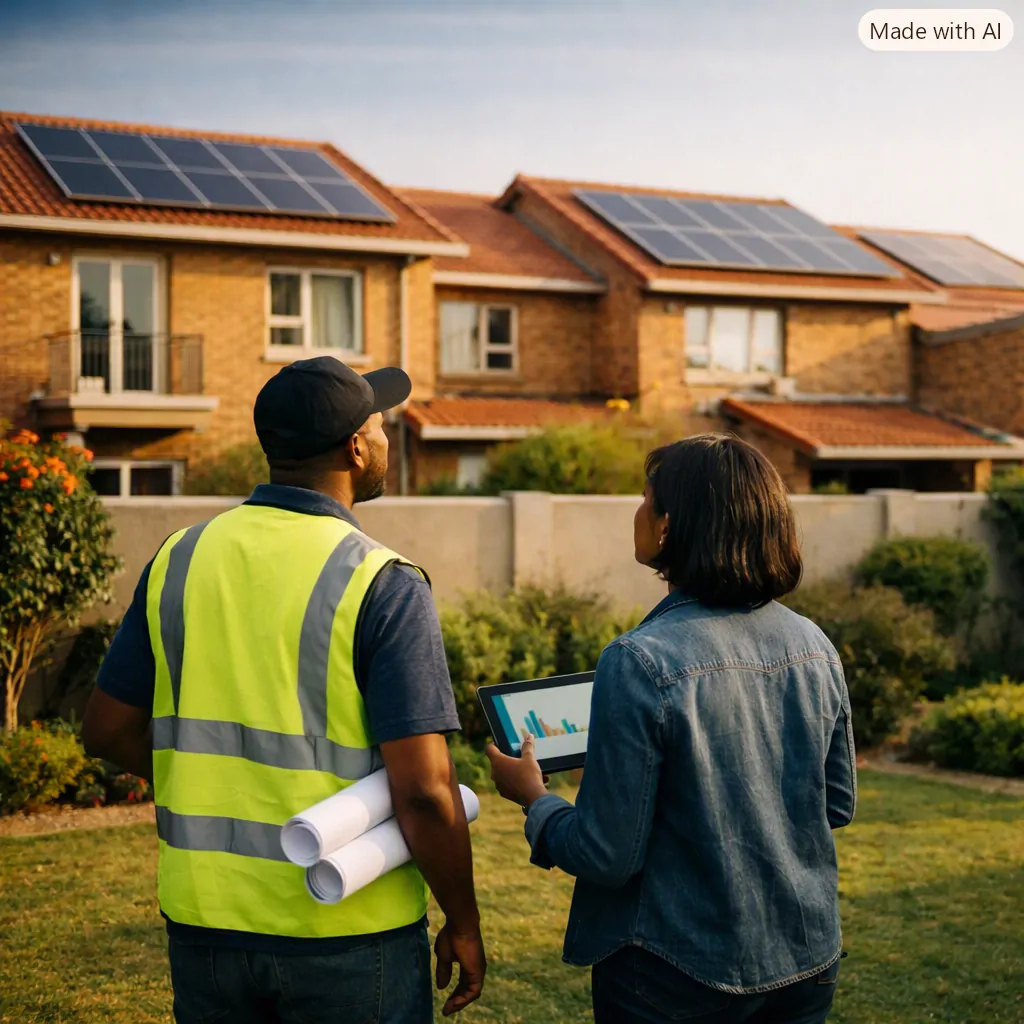 A site contractor and an adviser reviewing a tablet in front of townhouses with rooftop solar panels