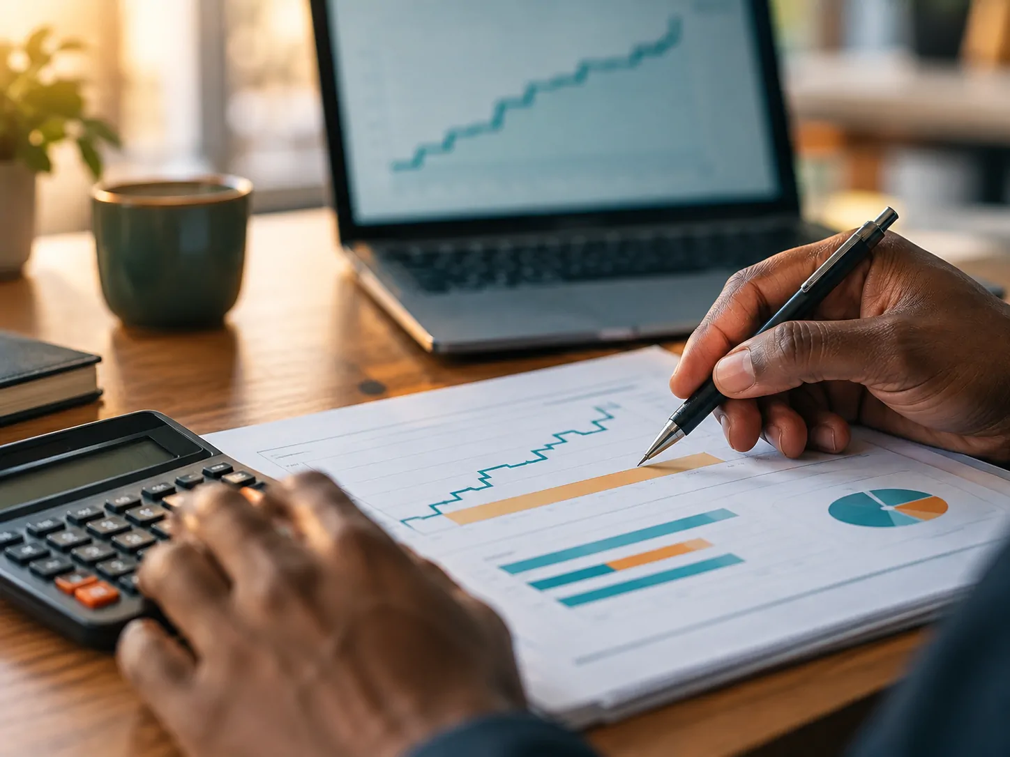Hands working through a provisional tax estimate with a calculator and a printed forecast